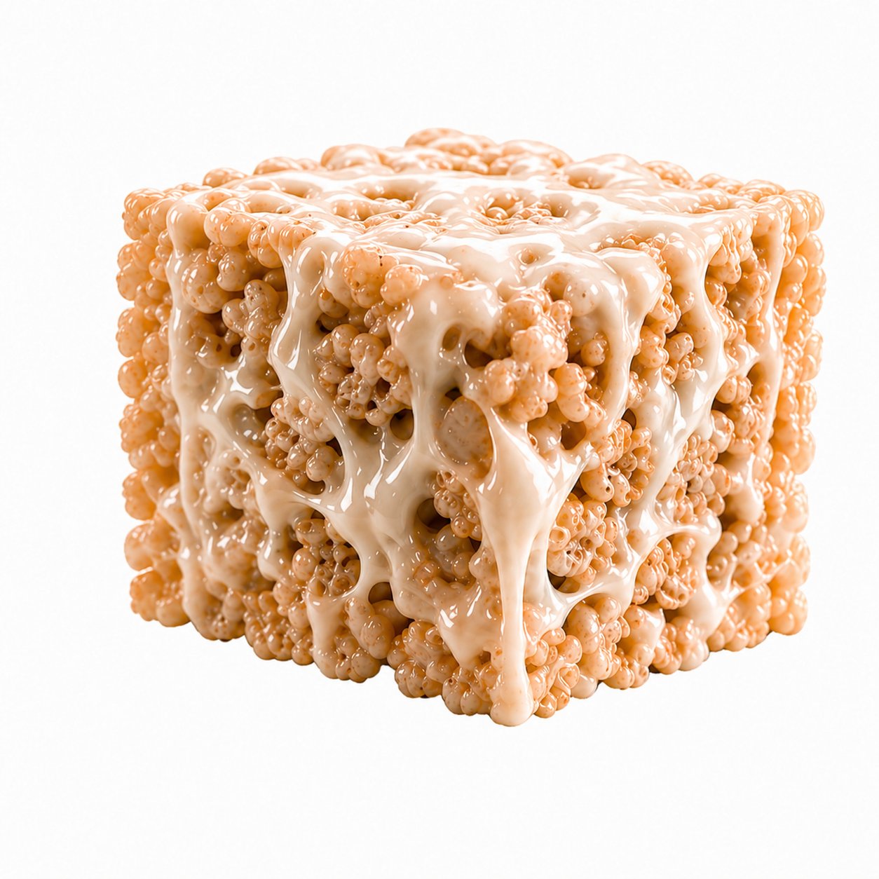 Rice Krispie square showing cereal pieces held together by marshmallow