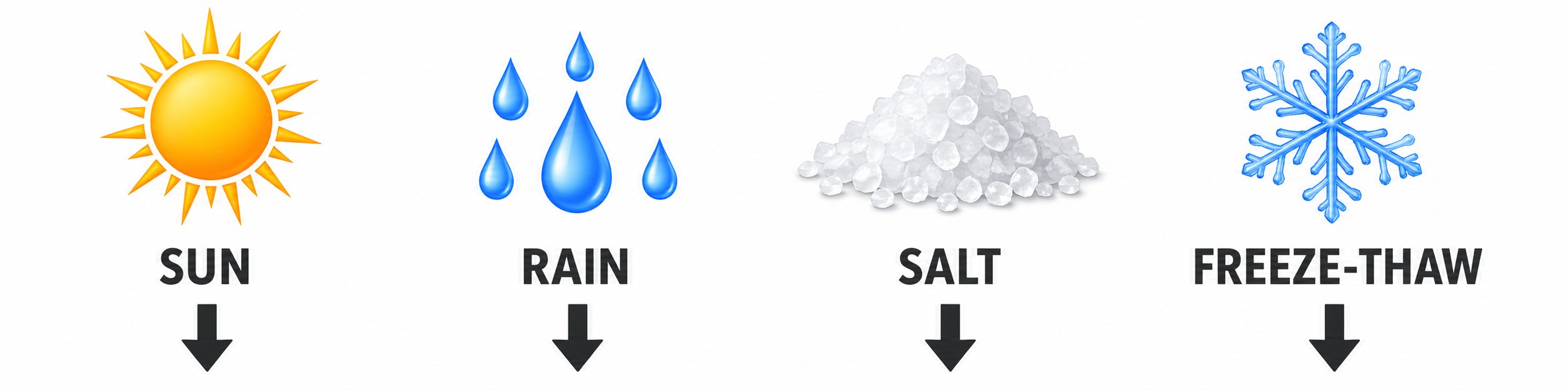 Sun, rain, salt, and freeze-thaw arrows pointing toward asphalt