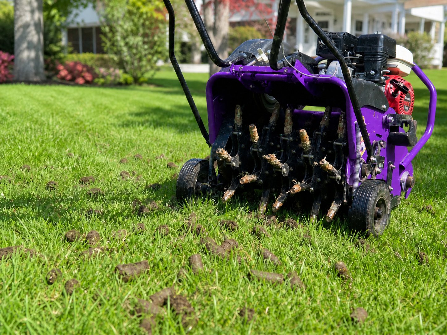 Core aerator pulling plugs from compacted grass