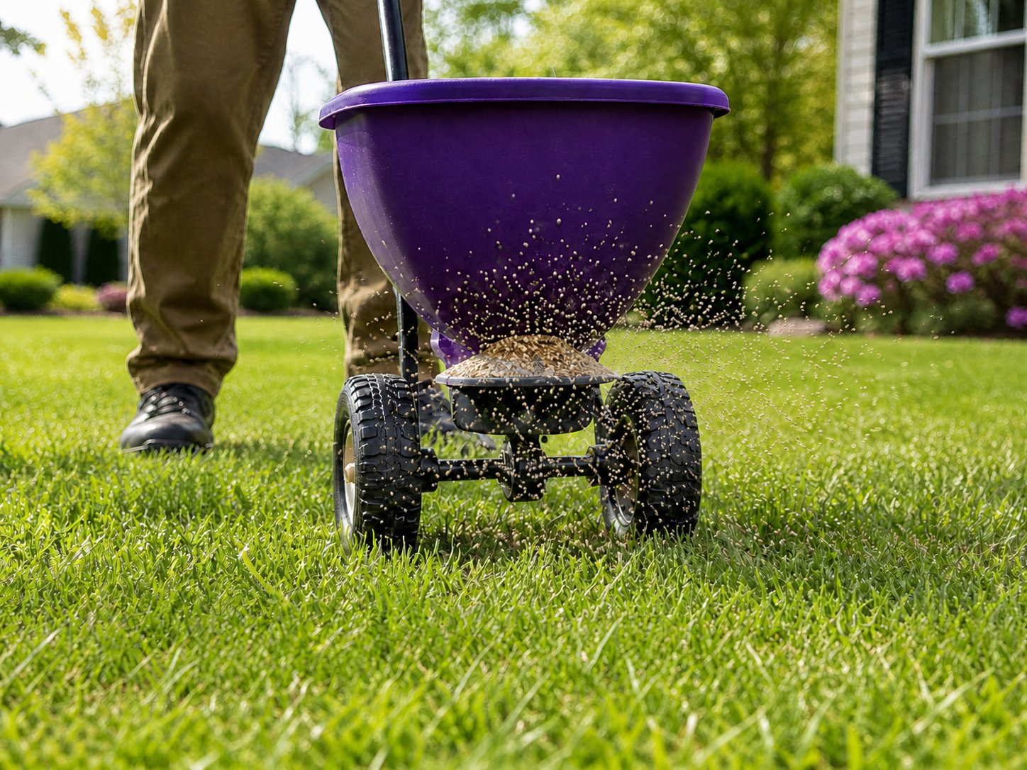 Overseeding spreader applying grass seed to a lawn