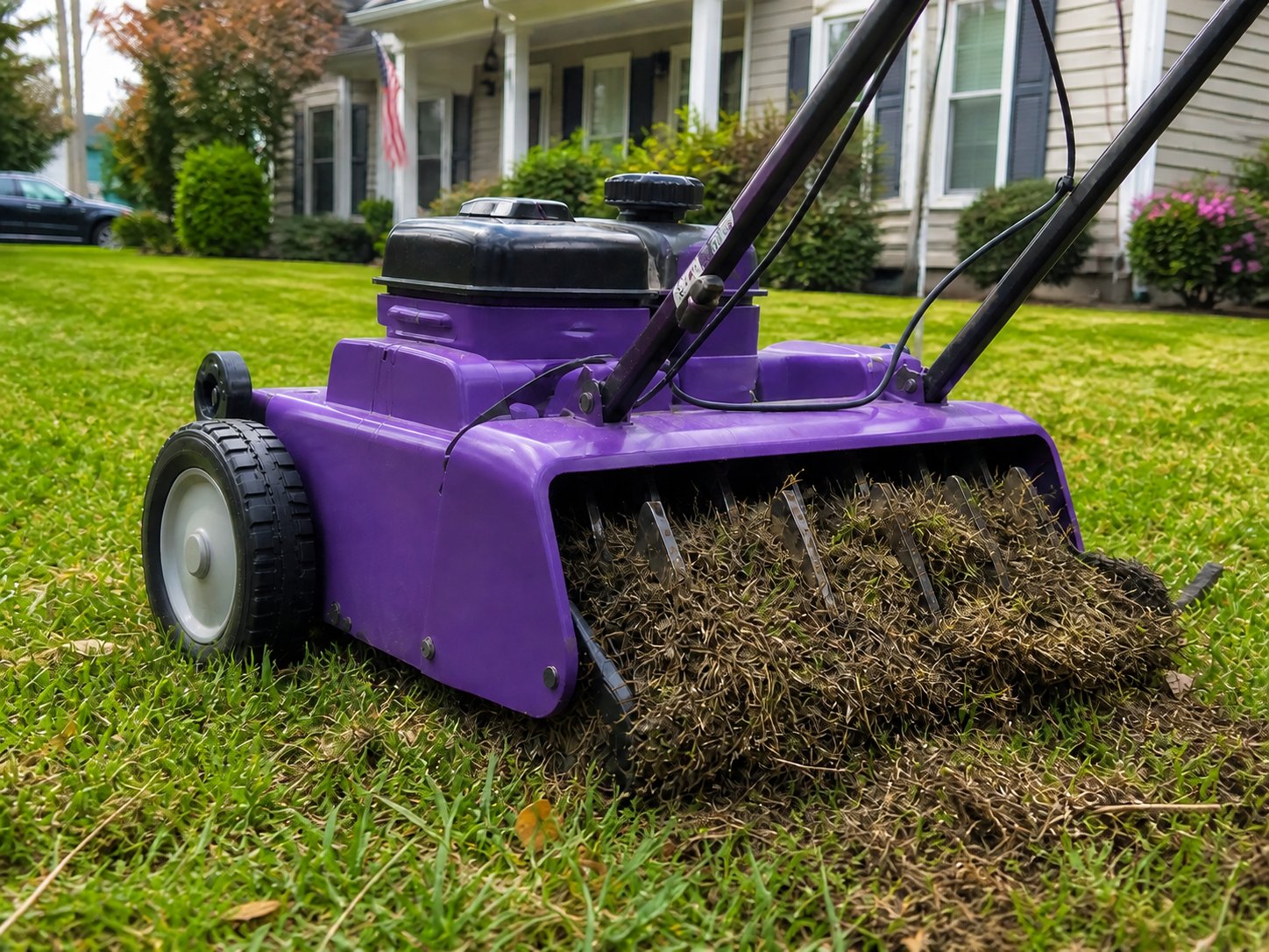 Power rake removing thatch from a residential lawn